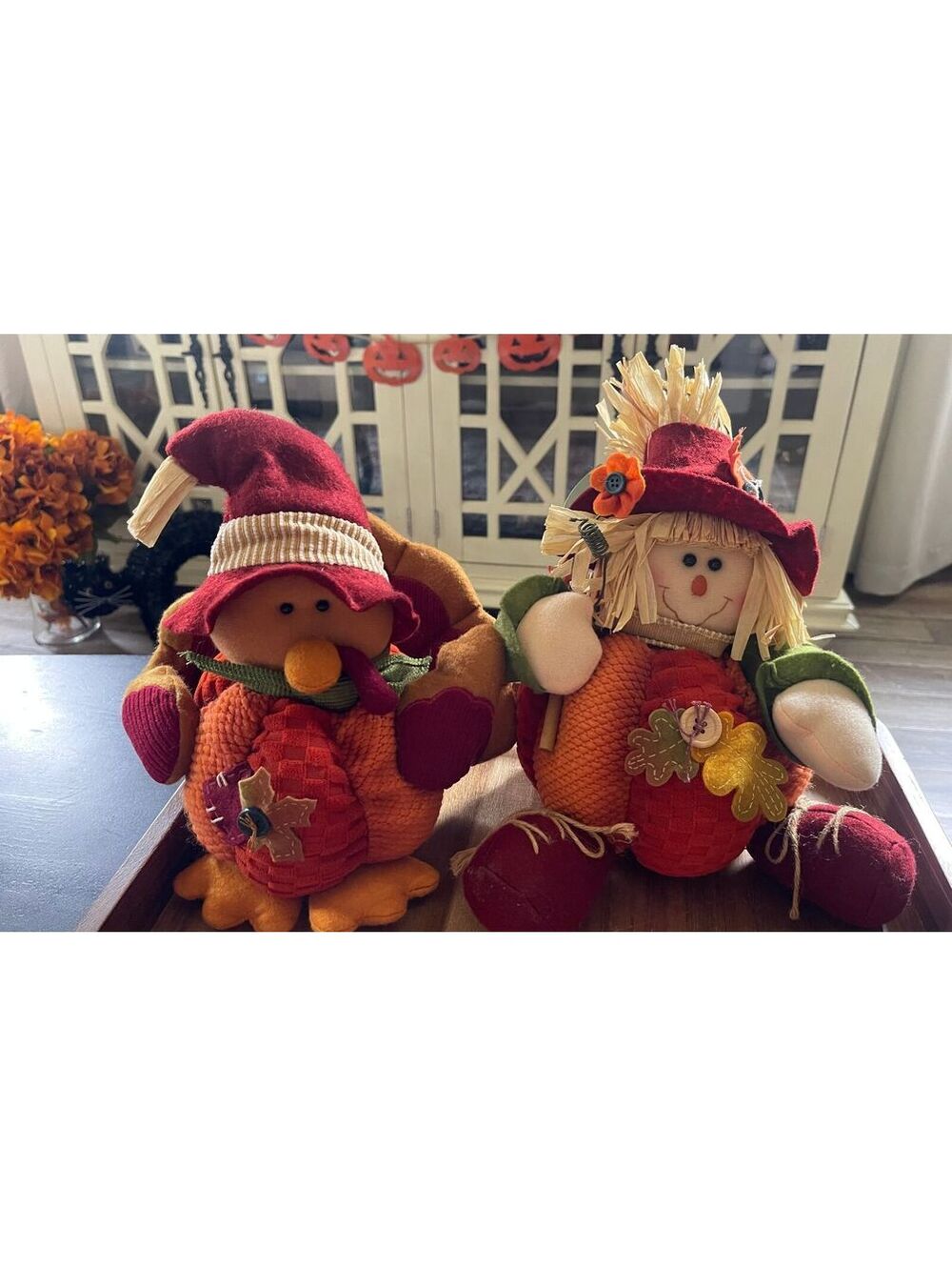 Set of Two Autumn Harvest Plush Figurines - Turkey and Scarecrow 12" Tall